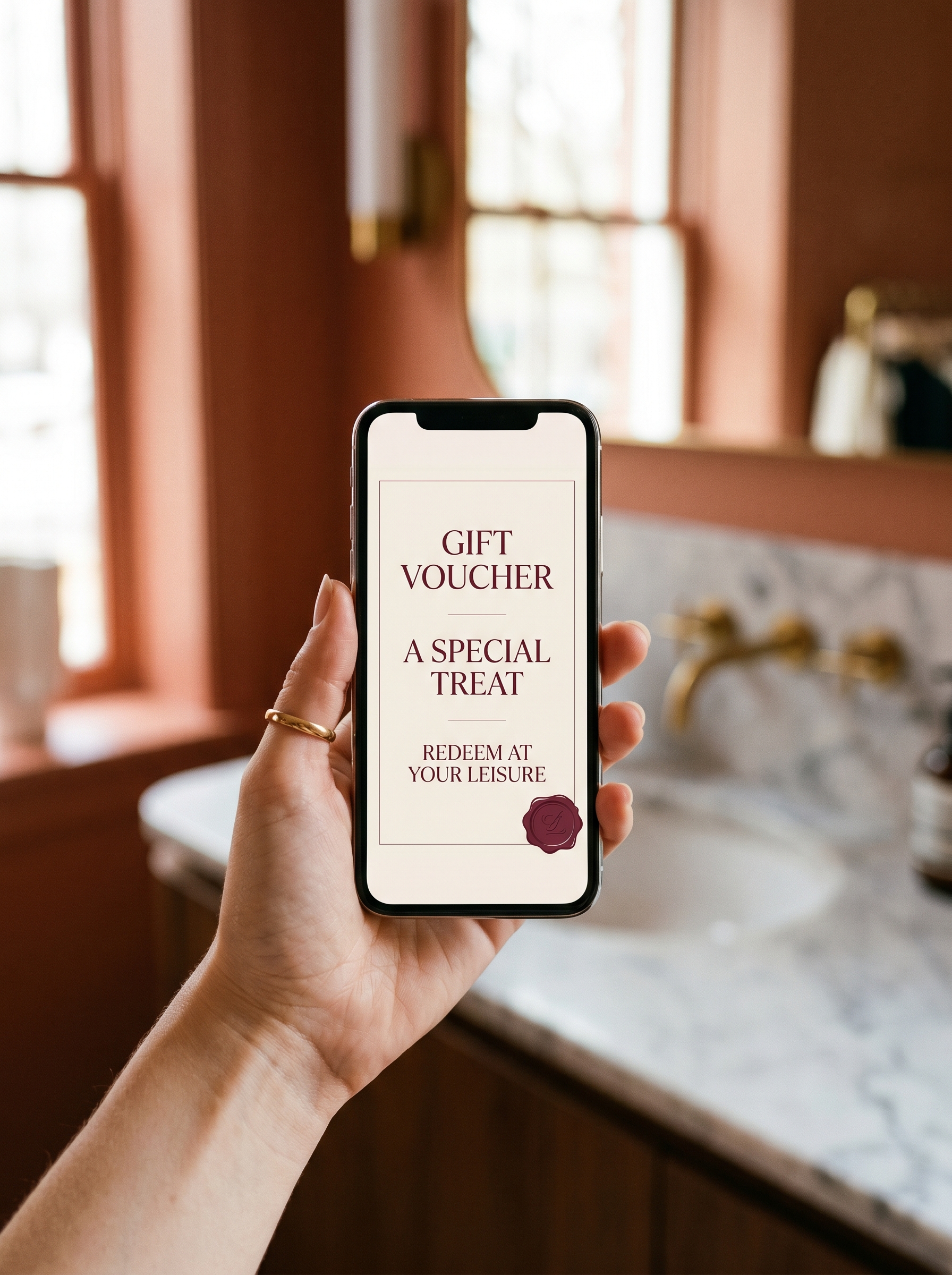 A hand holds a smartphone displaying a beautifully designed gift voucher in burgundy serif type, with a small wax seal mark, in a warm boutique salon interior.